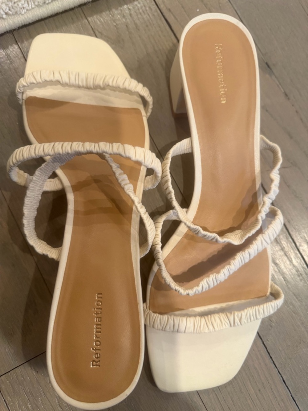 Reformation Cream Ruched Strap Block Heel Slides /  sandals